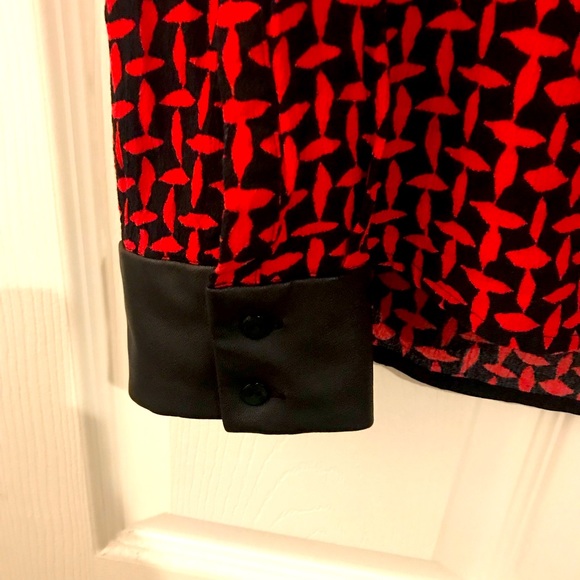 Red Black Zara Woman Blouse Top with faux leather trim cuffs keyhole back small - Picture 2 of 4